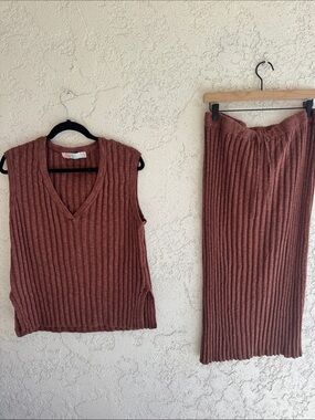 Free People Ribbed Knit Two-Piece Skirt Set - Rust color size Large